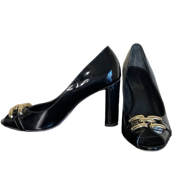 ANN TAYLOR Black Patent Leather Peep Toe Gold Buckle‎ Detail Block Heel Size 8 - Picture 3 of 9